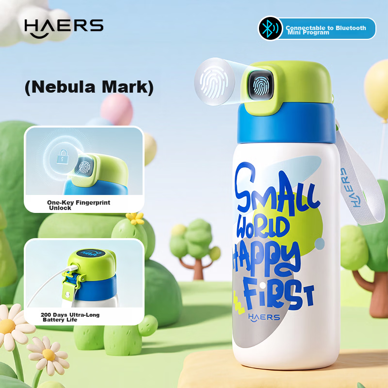 HAERS Children's Insulated Water Bottle Fingerprint Water Cup Boys Girls Student School Straw Cup Smart Unlock Cup Blue 600ml