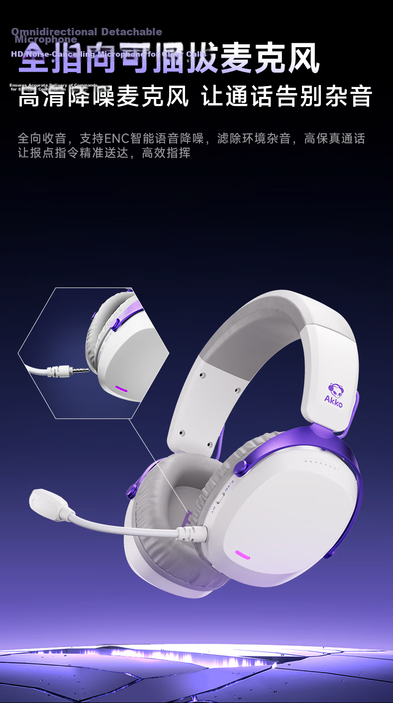 AKKO GH300 Over-Ear Gaming Headset 2.4G Wireless Bluetooth Wired Type-C Quad-Mode Delta Sound Positioning PC Headphones with Microphone 2-in-1 6