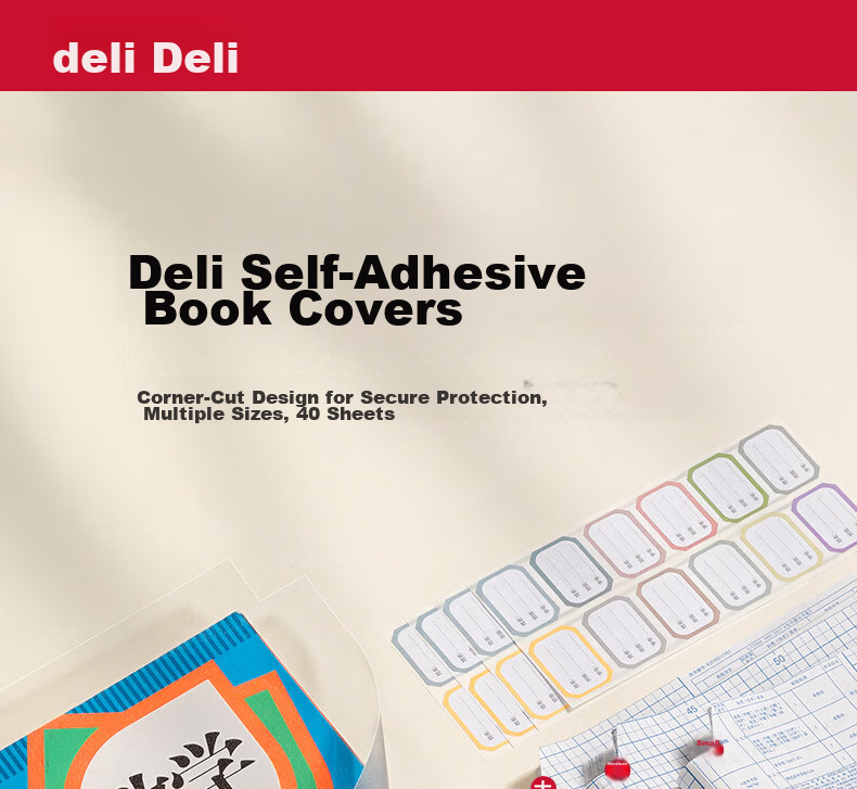Deli 40 Sheets Multi-Size Transparent Book Covers with 48 Name Labels, Self-Adhesive, Eco-Friendly Frosted Waterproof Book Jackets for Elementary School Students 1