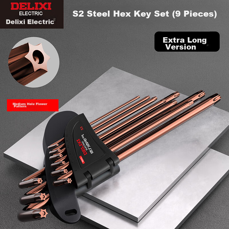 Delixi Electric Hex Key Wrench Set Hardware Repair Tools Hex Screwdriver S2 Steel 9-Piece Extra Long Torx