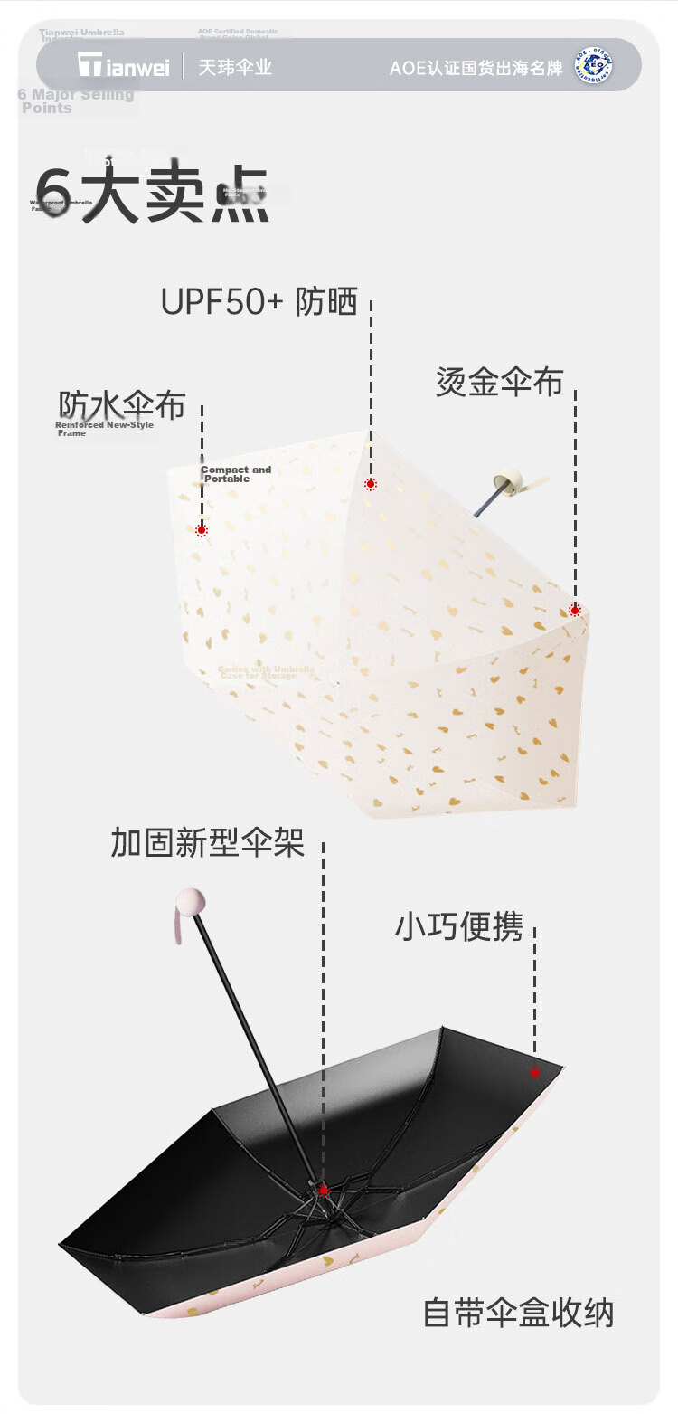 Tianwei Umbrella Sunshade UV Protection Rain Umbrella Black Coating Mini Portable Capsule Five-Fold Umbrella 4