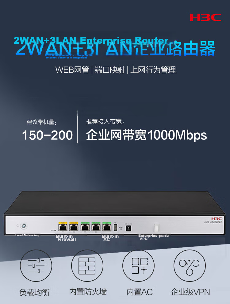 H3C ER3200G3 Dual WAN + 3 LAN Gigabit Enterprise Wired Router, Supports 150-200 Devices, Internet Behavior Management, Graphical Configuration 3