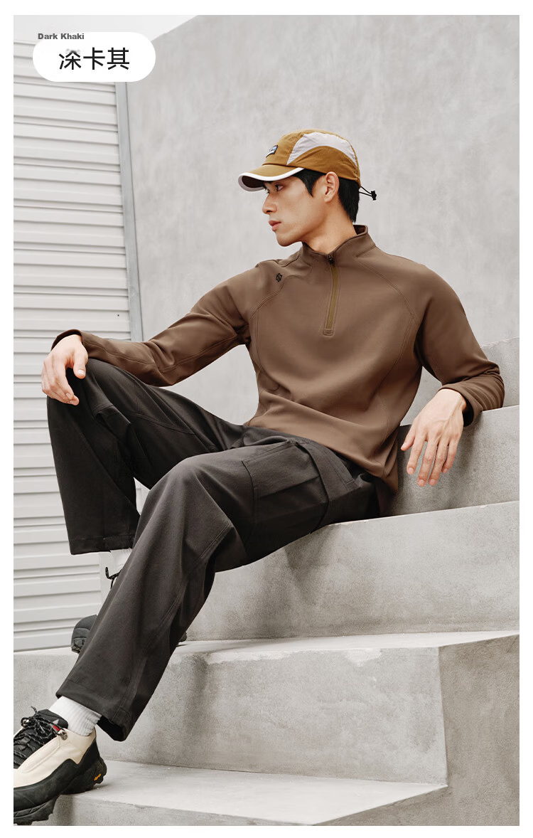 JD Jingzao Fleece Thermal Sports Long Sleeve T-Shirt Men Spring Fleece Warm Half-Zip Sweatshirt Dark Khaki XL 16
