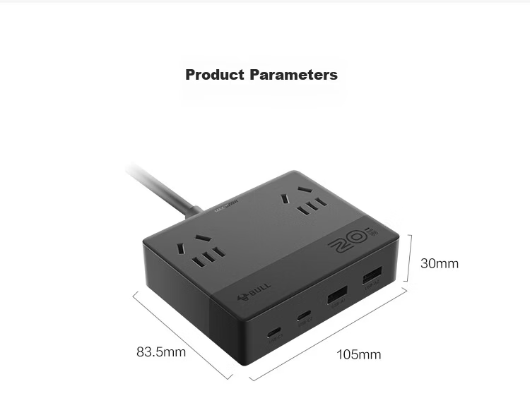 BULL 20W GaN Apple Fast Charging Mini Power Strip Socket/USB Power Strip/Extension Board/Power Strip Desktop Charging Station 2A2C+3-Control 1.5m Black 17