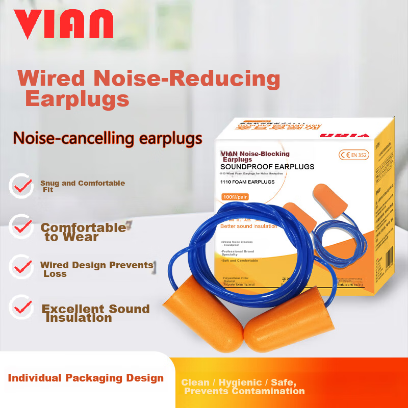 VIAN Noise-Reducing Earplugs Anti-Noise Industrial Soundproofing Silent Factory Workshop Protective Interference Prevention Super Sound Insulation 1110 Wired Earplugs (100 Pairs)