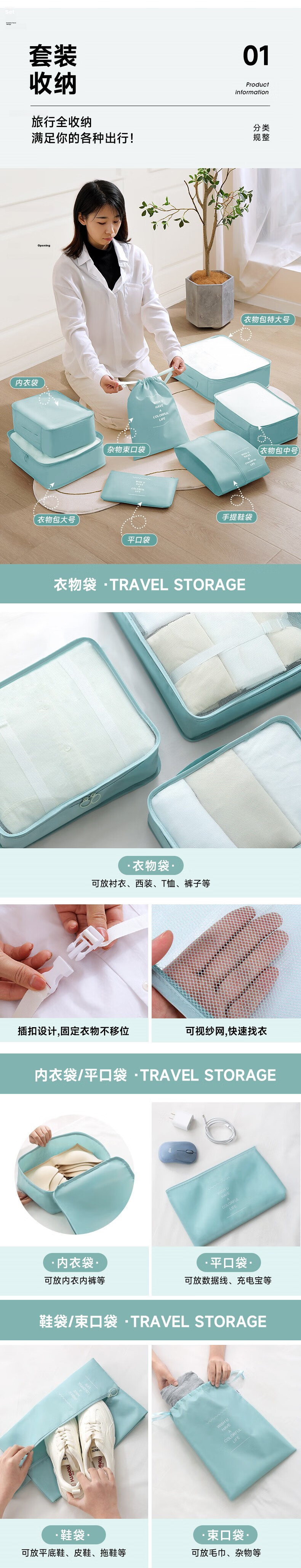 Baicaoyuan Travel Storage Bag 7-Piece Set Thickened Waterproof Oxford Cloth Classification Storage Lazy Suitcase Organizer Bag Lake Blue 3