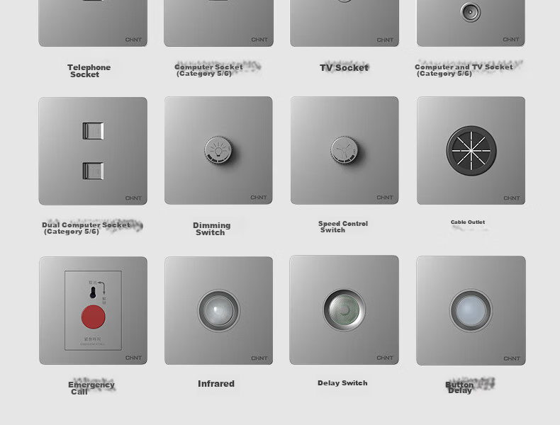 CHNT Switch Socket NEW6-C11135, Slanted Five-Hole Socket, 6C Phantom Silver Gray, Pack of 10 Socket Set 32
