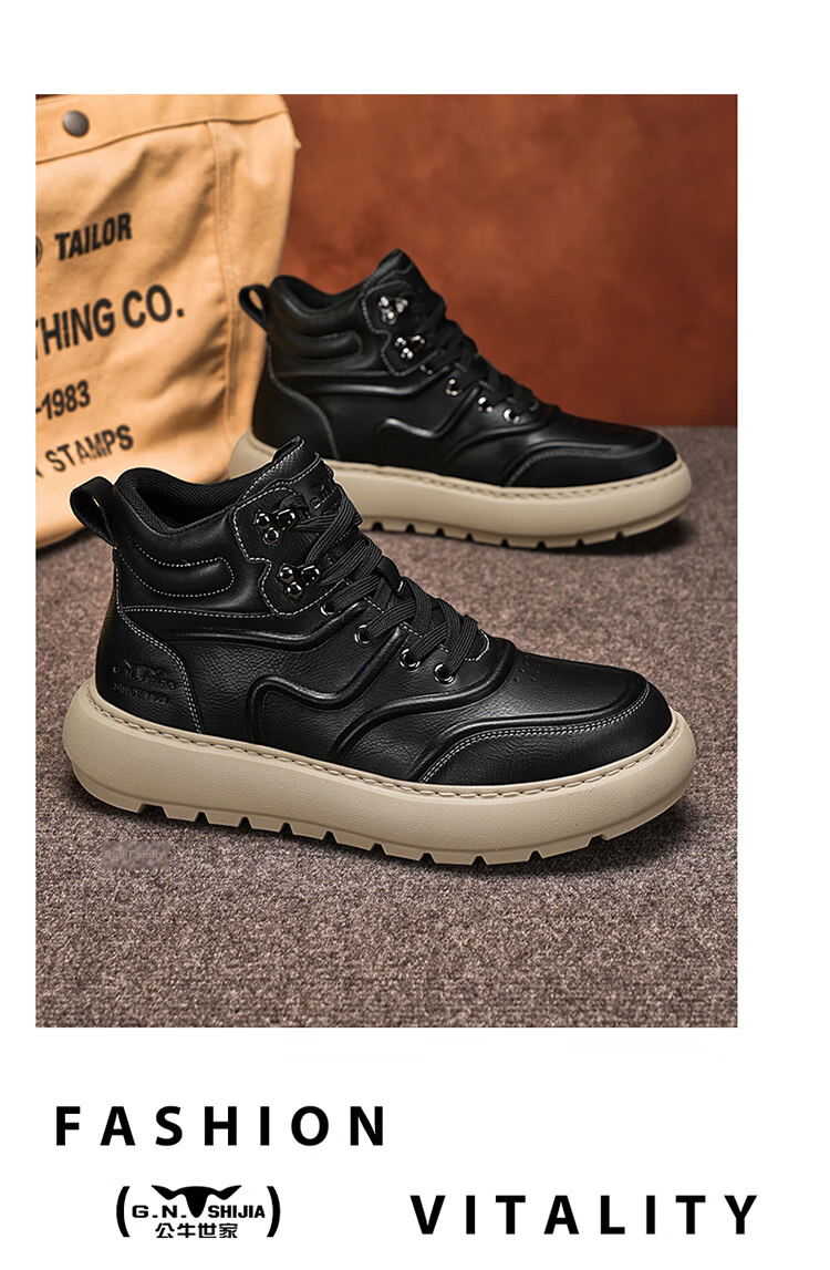 Bull Family Martin Boots Men Autumn Winter British Style High-top Work Shoes Vintage Durable Leather Outdoor Hiking Boots for Men 12