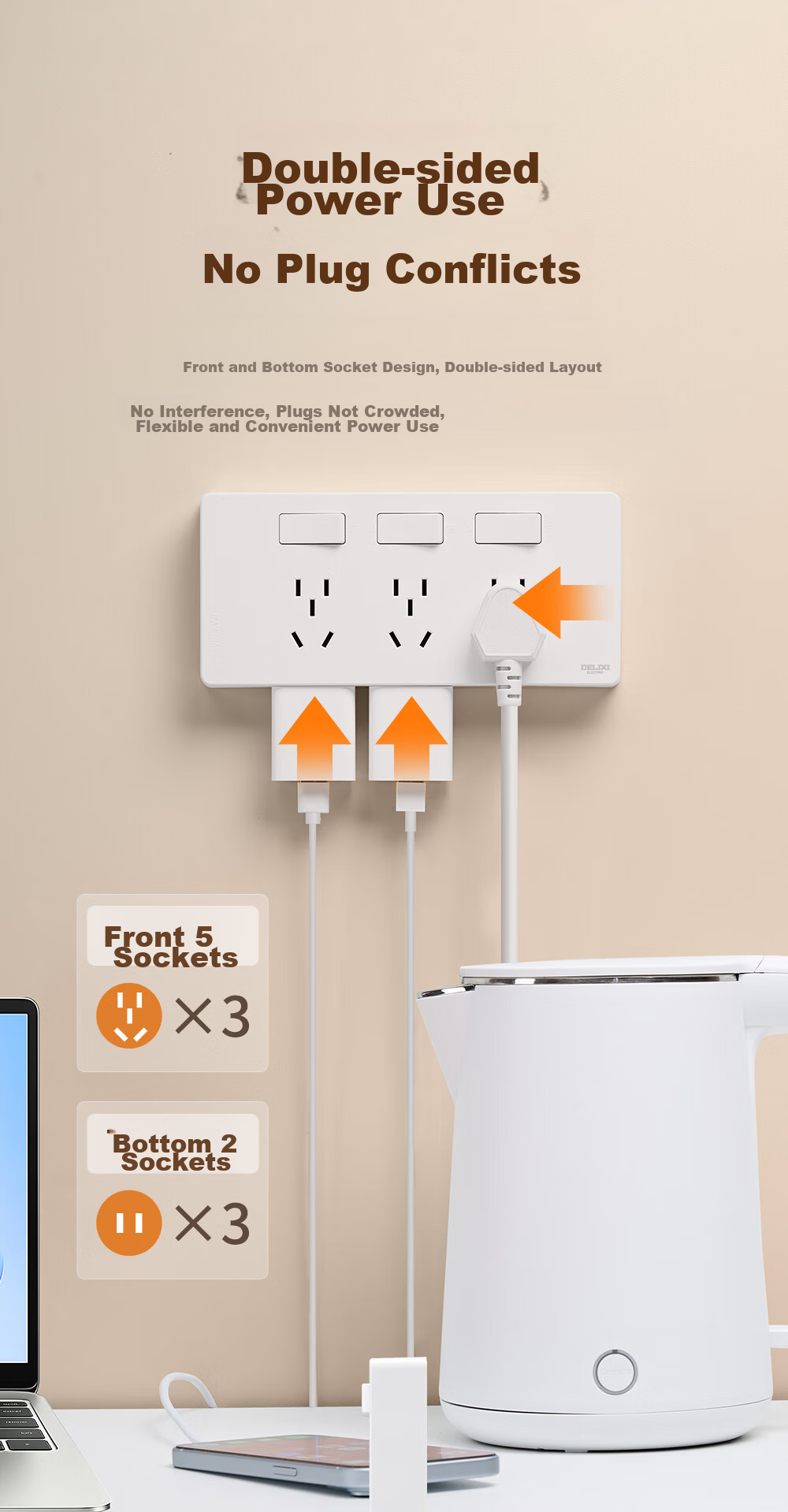 DELIXI 86-Type Surface-Mounted Kitchen Socket, 16A High Power, Cloud White, Multifunctional Multi-Outlet Wireless Track Socket 7
