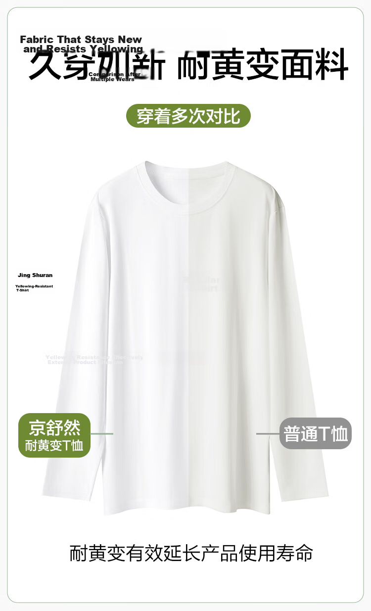 Jingshuran JD Self-Owned Brand Cotton Men's Pure Cotton Long Sleeve T-Shirt Youth Antibacterial Base Shirt White XL 3