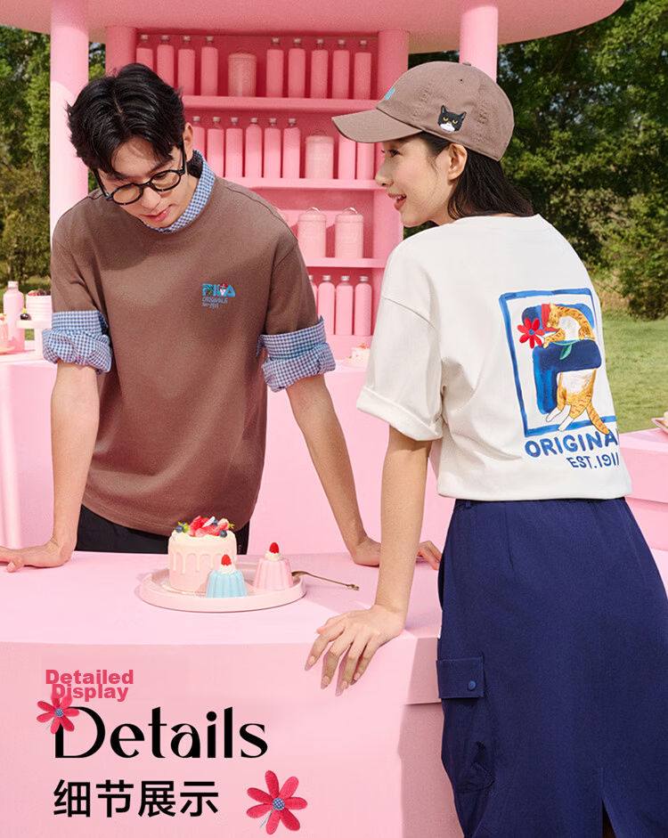 FILA Official Couple's Knitted Short Sleeve Shirt 2026 Summer Fashion Casual Unisex Loose Cat Embroidery T-Shirt 12
