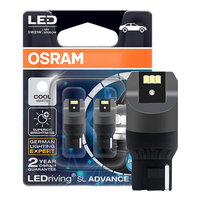 OSRAM W21W LED Car Light Brake Light Reverse Light Turn Signal Auxiliary Light T20 Single Filament White Light 12V 2.5W, Pack of 2