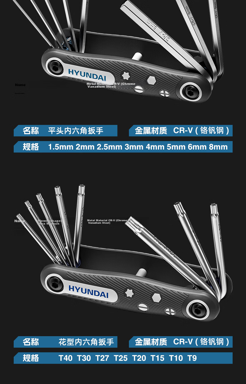 HYUNDAI Folding Metric Hex Key Wrench Set Multi-Functional Torx Hexagon Screwdriver Hex Wrench Full Set 23