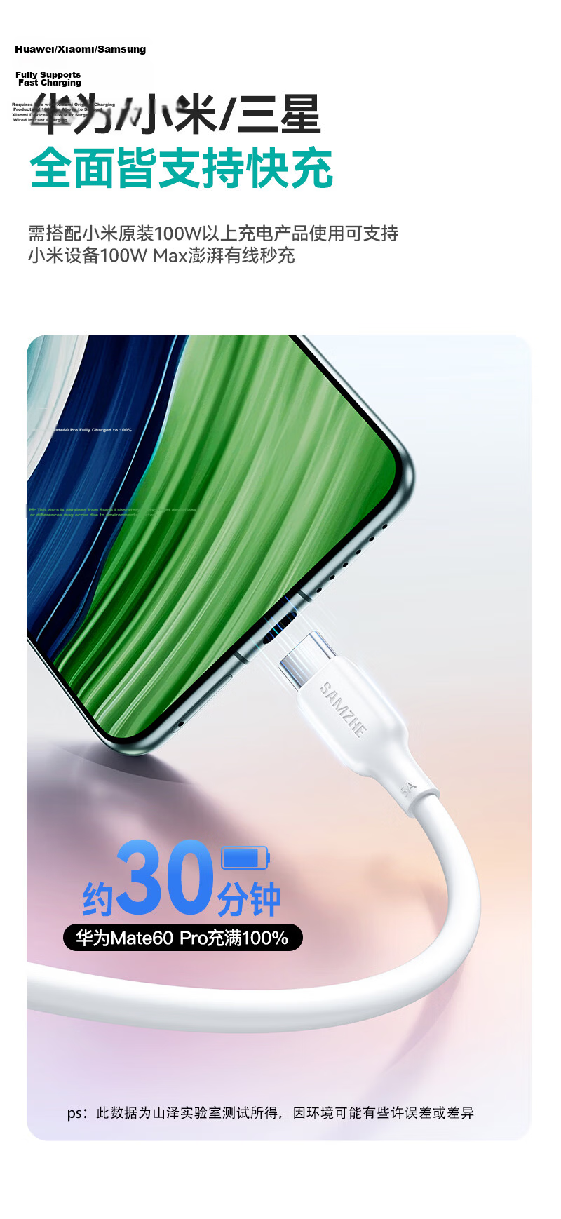ShanZe Huawei Compatible Dual Type-C 100W Super Fast Charging Data Cable 5A for Apple 17/15/16 Pro, Pura80/Mate, Honor, Xiaomi Laptop Tablet 1m 3