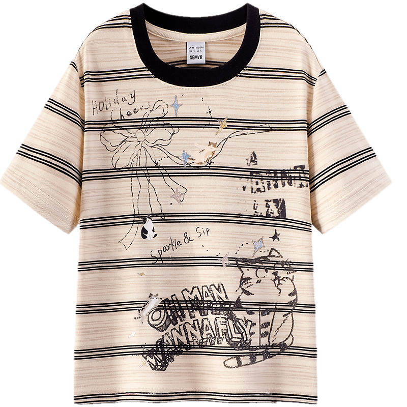 Semir Women's Summer Short Sleeve T-Shirt 2026 Slim Fit Cute Cat Striped Top 10A326100009