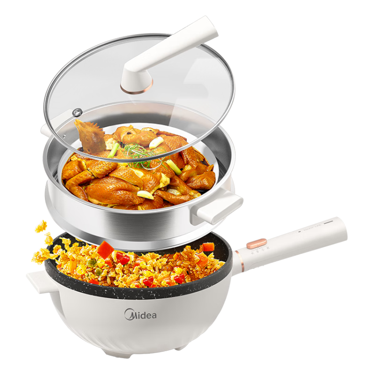 Midea Electric Frying Pan Electric Hot Pot Electric Steamer Electric Cooker 4L Multi-Purpose Non-Stick Electric Heating Pot HGE2811B with Steaming Basket and Wooden Spatula