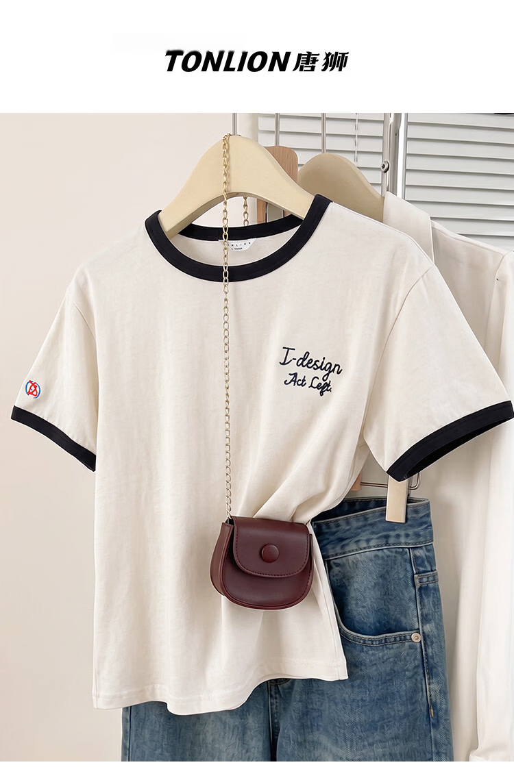 TonLion 2026 Summer New Women's Short Sleeve T-Shirt American Vintage Casual Simple Design Loose Fit Cotton 2