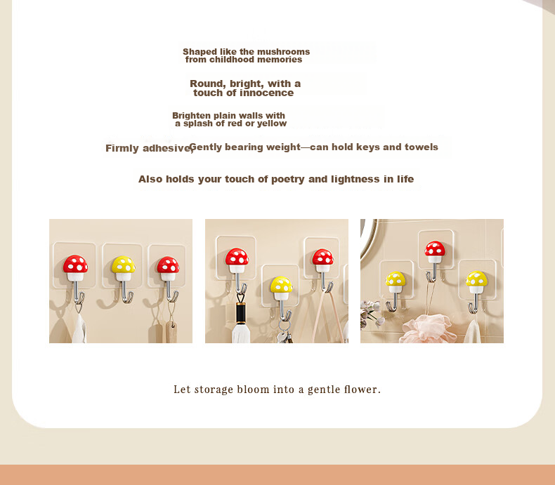 Baicaoyuan Super Strong Adhesive No-Drill Hooks, Powerful Sticky Hooks for Dormitory, Bathroom, Kitchen, Wall-Mounted, Transparent Mushroom Style, 10 Pieces 3