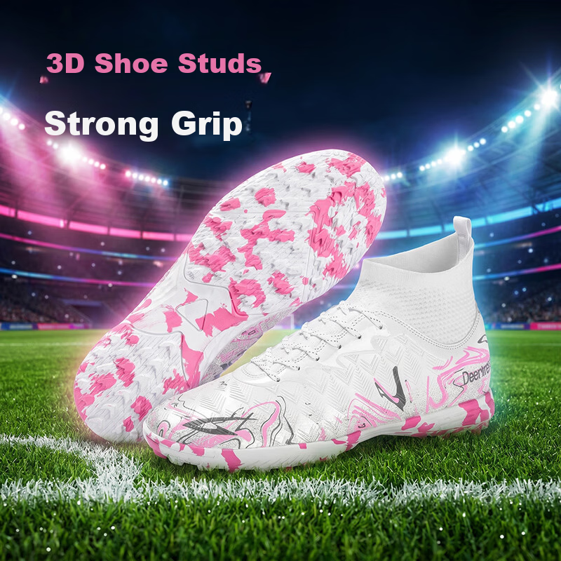 DEERWAY Men's Soccer Shoes TF Turf Studs High-Top Training Shoes for Adults and Youth Ages 12-16 White Gray Pink Size 35