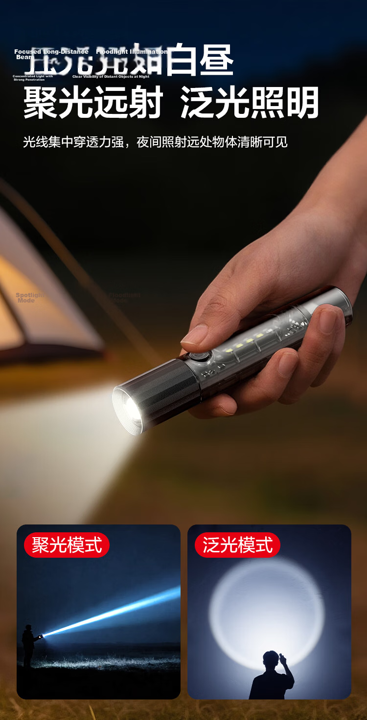 JD Jingzao Zoomable High-Power Long-Range Flashlight Outdoor Multifunctional Side Light Rechargeable Lithium Battery Ultra-Long Endurance 5