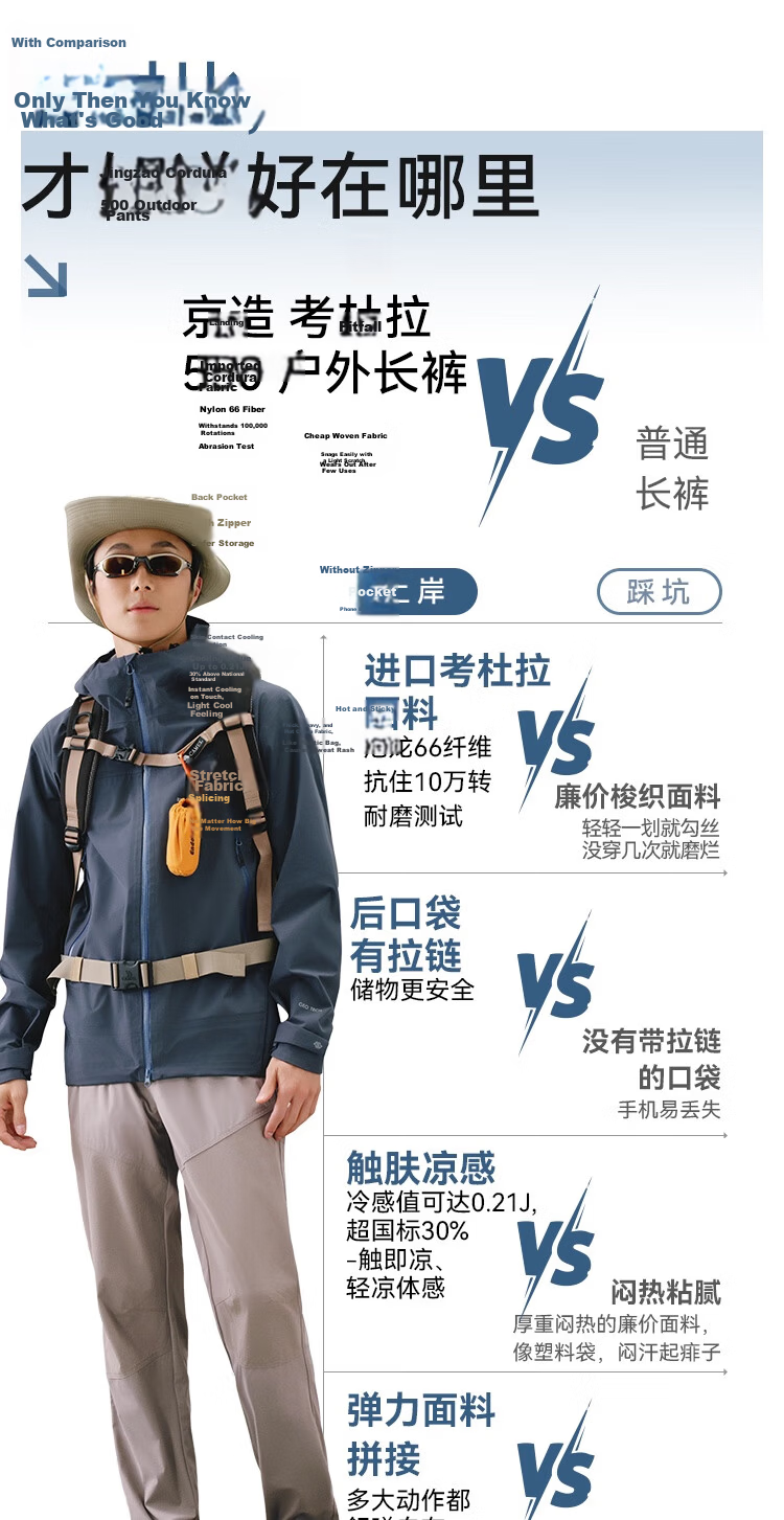 JD Jingzao 500 Cordura Professional Hiking Outdoor Sports Pants Durable Tear-Resistant Spring Pants Men Meditation Gray S 6