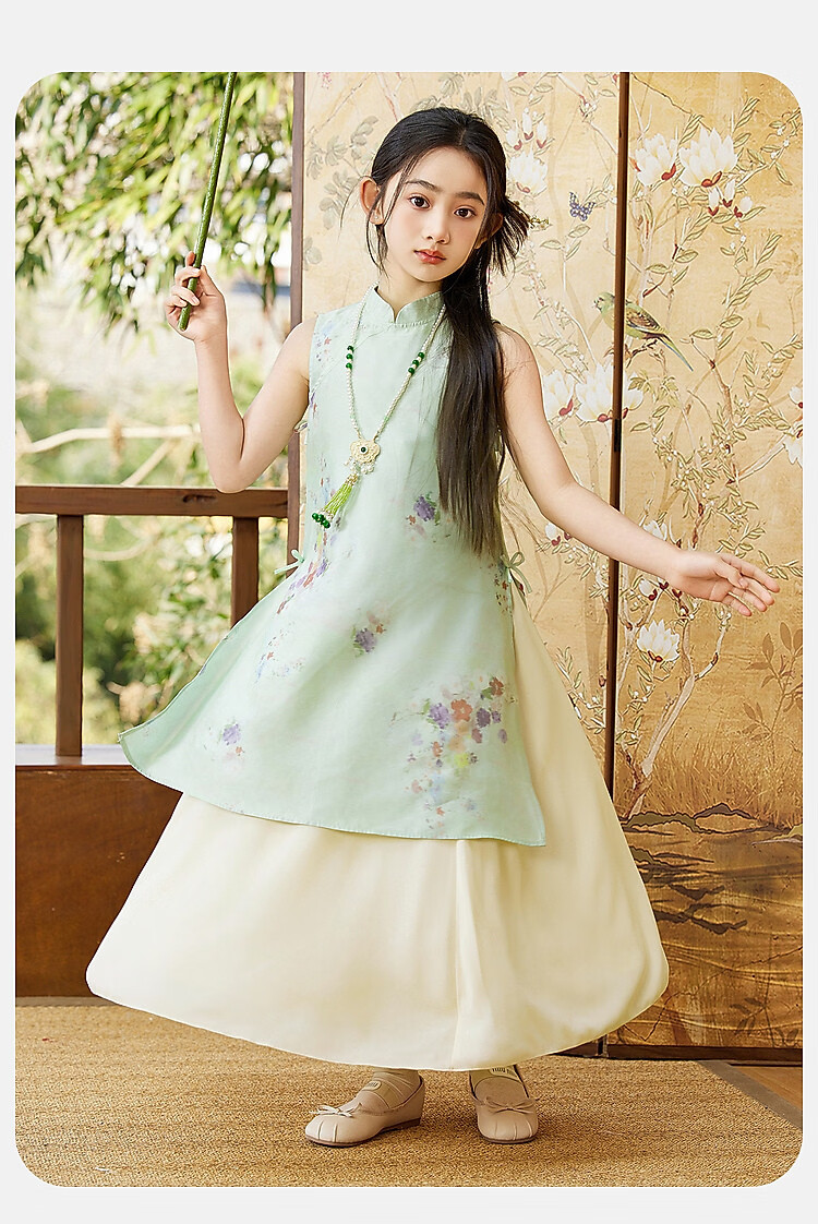 ASK JUNIOR Chinese Style New Summer Girls' Vest Dress and Ma Mian Skirt Two-Piece Set 13