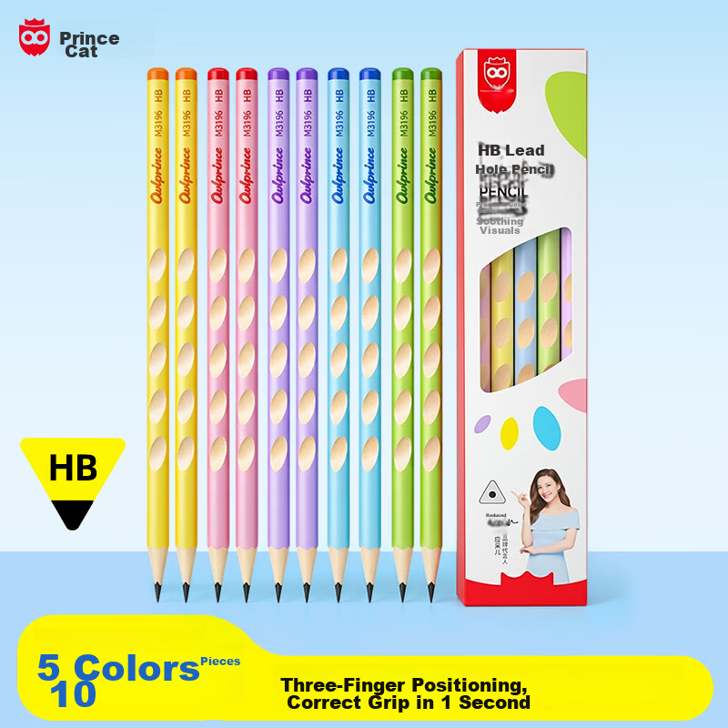 Mao Prince 5-Color Hole Pencil HB Children's Posture Correction Pencil Primary School Writing Practice Pencil Triangular Barrel Easy Grip 5 Colors 10 Pieces