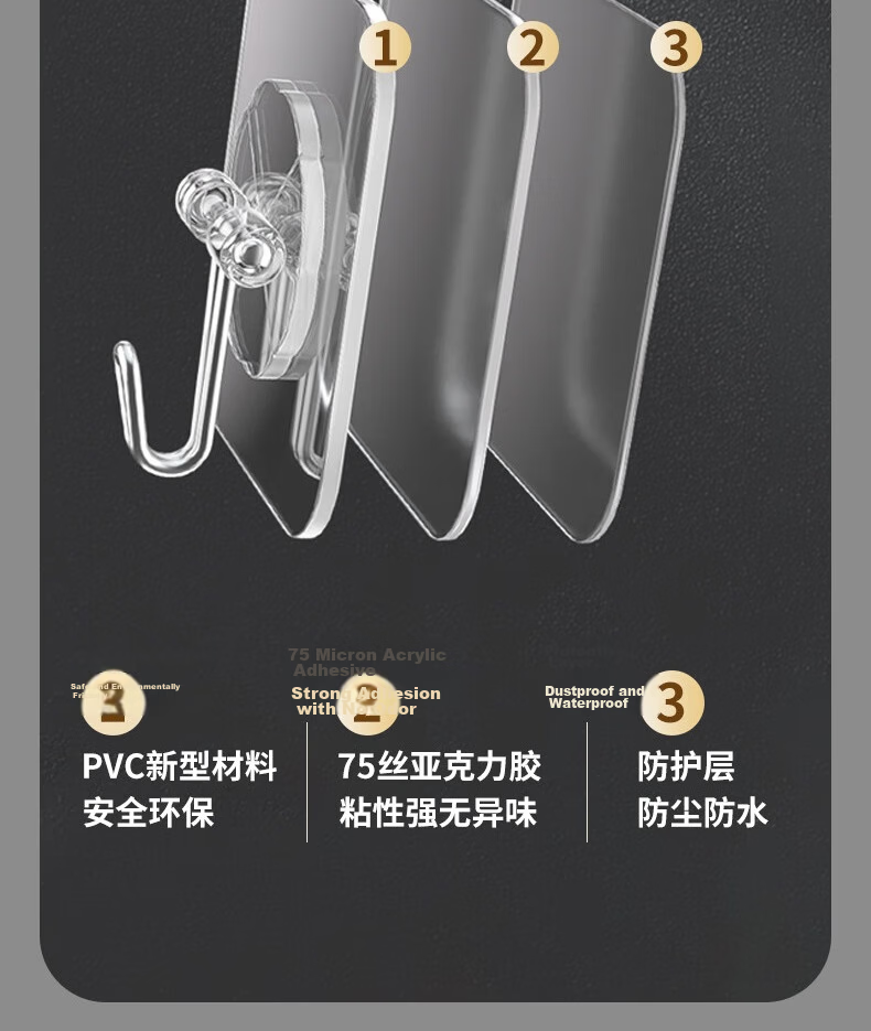 Bingyou Heavy Duty Hooks (80 Gauge Thickened) 10-Pack Strong Adhesive Transparent No-Trace Kitchen Bathroom No-Drill Nail-Free Clothes Hooks 7