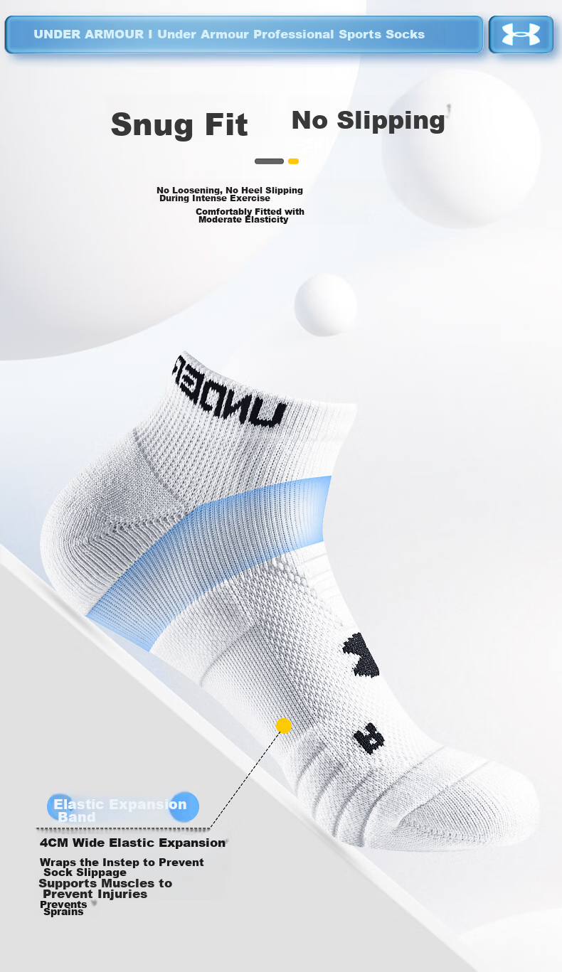 Under Armour Socks No-Show Socks [3 Pairs] Basketball Badminton Sports Socks for Men and Women Running Thin Anti-Odor Terry Short Cotton Socks 9