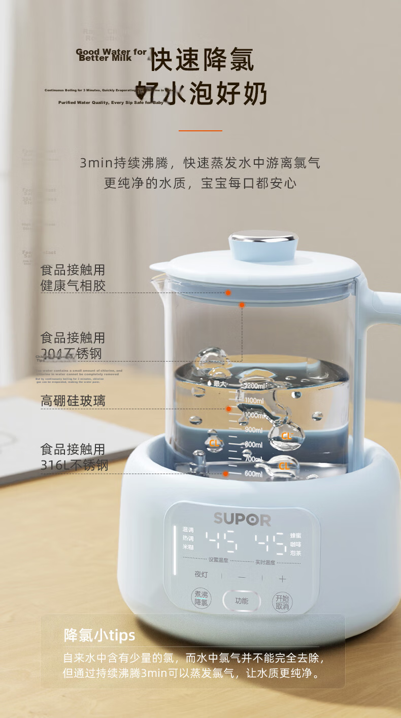 SUPOR Constant Temperature Kettle, Baby Formula Maker, Glass Hot Water Kettle for Infants, Multifunctional Milk Powder Maker 1.5L BW10 13