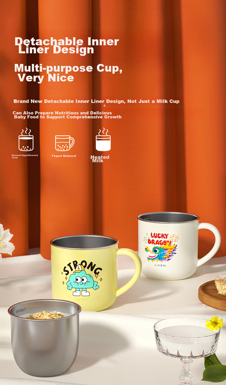LUSN Children's Milk Cup with Scale, Household Open-Top 316L Stainless Steel Baby Straw Cup, Training Cup, Drinking Cup 3