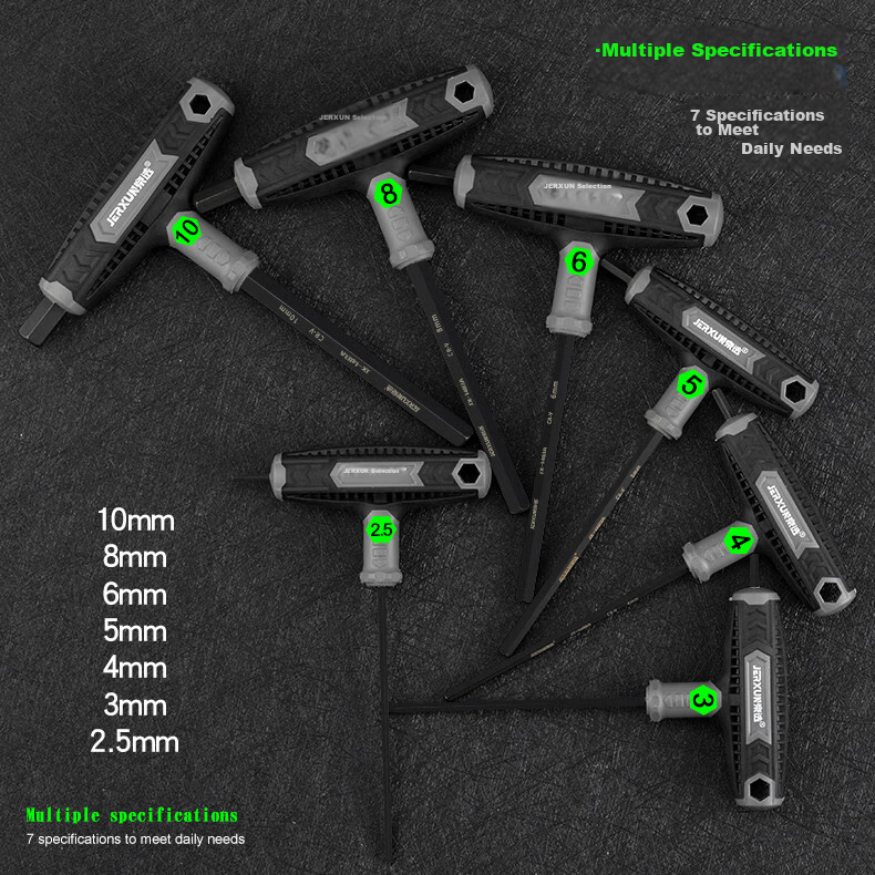 JERXUN T-Handle Flat Head Hex Key Wrench Set Multifunctional 6-Point Screwdriver 7-Piece Fastening Tool Kit 6