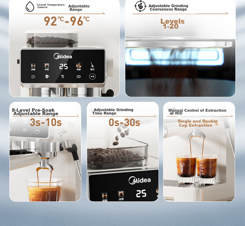 Midea Italian Semi-Automatic Coffee Machine Hot and Cold Dual Extraction Grinder All-in-One Small Fully Automatic Home Use Gift Coffee Grinder with Milk Frother MA-GE5110 17