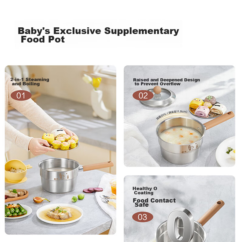 SUPOR Milk Pot, Baby 316L Stainless Steel Food Pot, for Baby Noodles, Hot Milk, Soup Pot, Compatible with Induction Cooker, 18cm 6