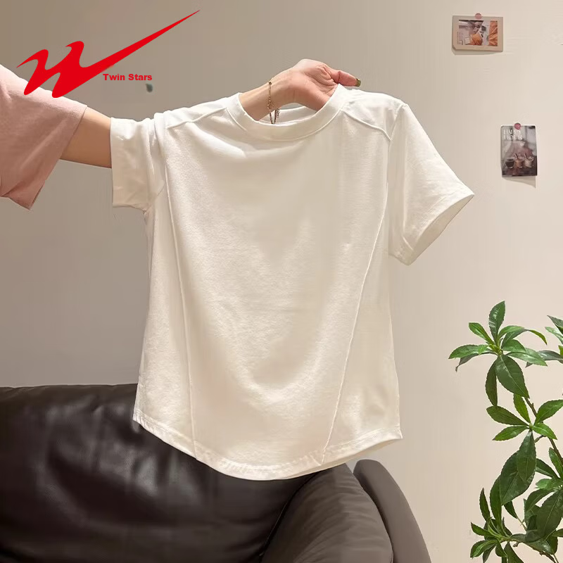 Shuangxing Women's Short Sleeve T-Shirt Summer Round Neck Irregular Hem Slim Fit Inner Wear White L