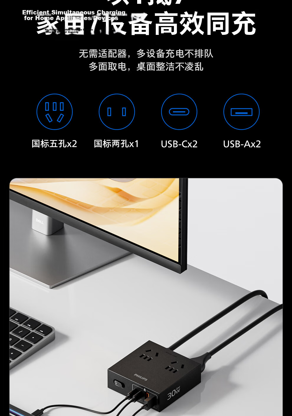 PHILIPS Fast Charging Socket with USB GaN Desktop Charging Station Power Strip Extension Socket Converter 30W Mini Magic Box 5