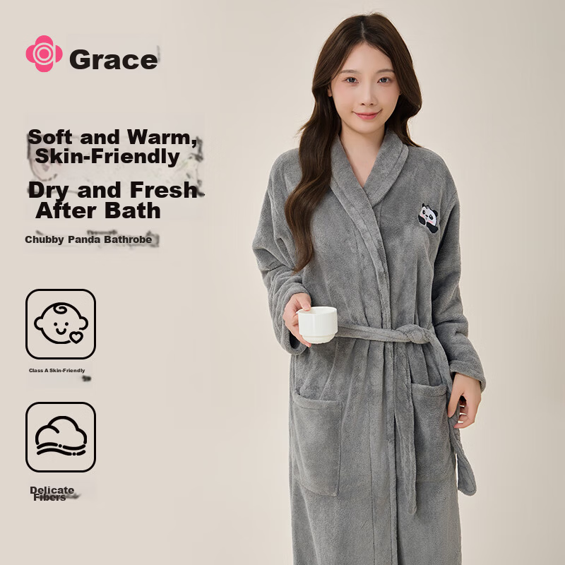 Graceful Women's Absorbent Quick-Dry Thickened Bathrobe Towel Warm Autumn Winter Spa Sleepwear Wrap Gray