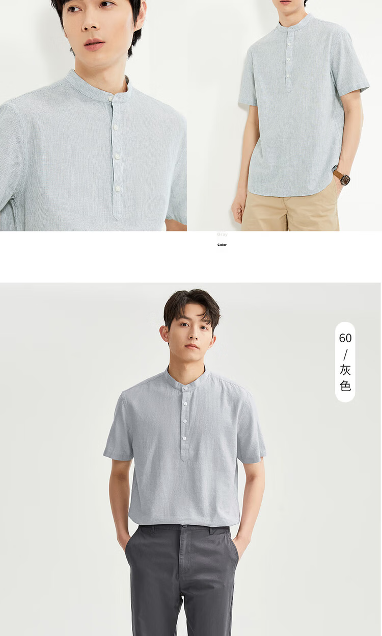 Giordano Men's Summer Breathable Linen Cotton Mandarin Collar Half-Open Short Sleeve Shirt 01045481 18