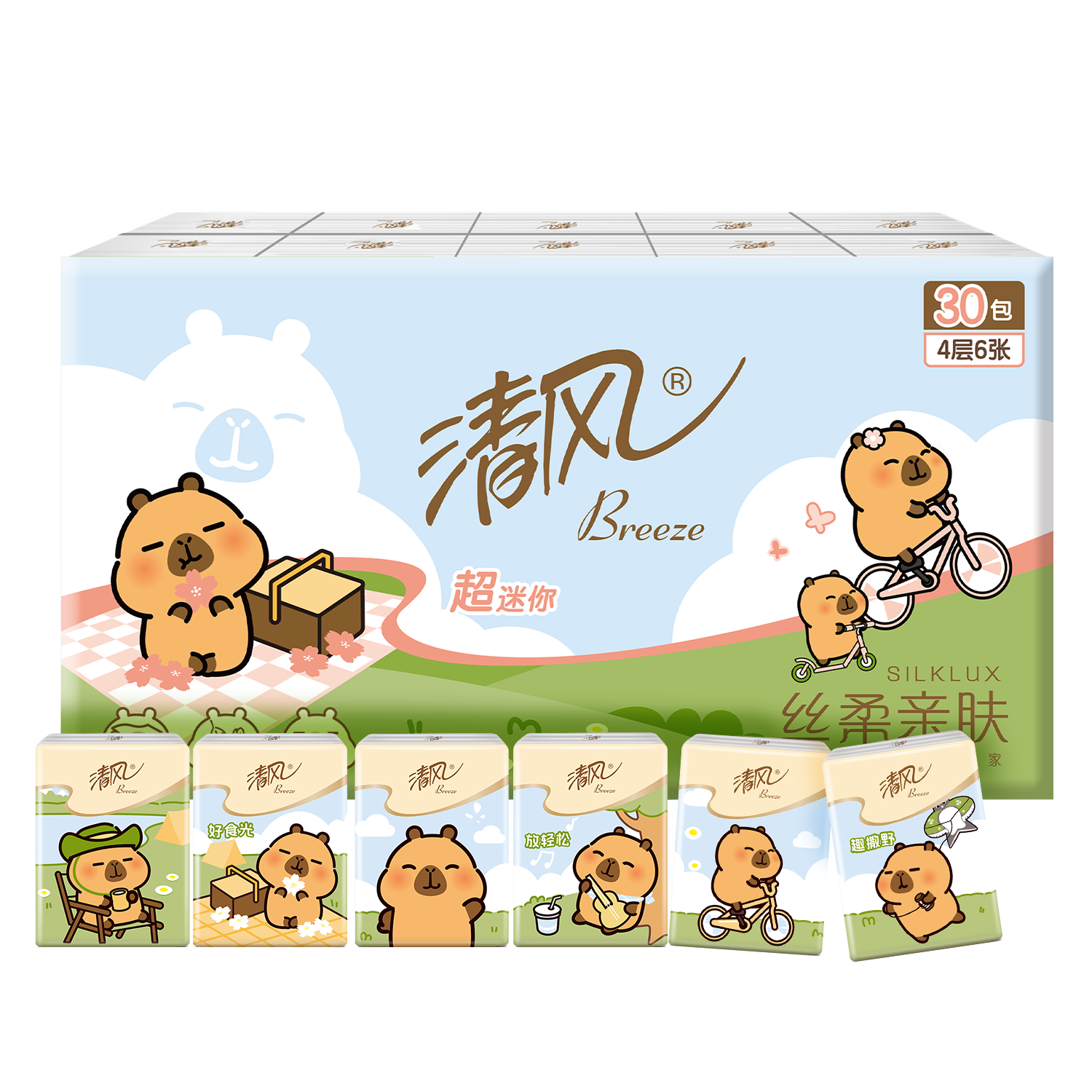Qingfeng Silky Unscented 4-Ply 6 Sheets * 30 Packs Capybara Pocket Tissue Portable Pack