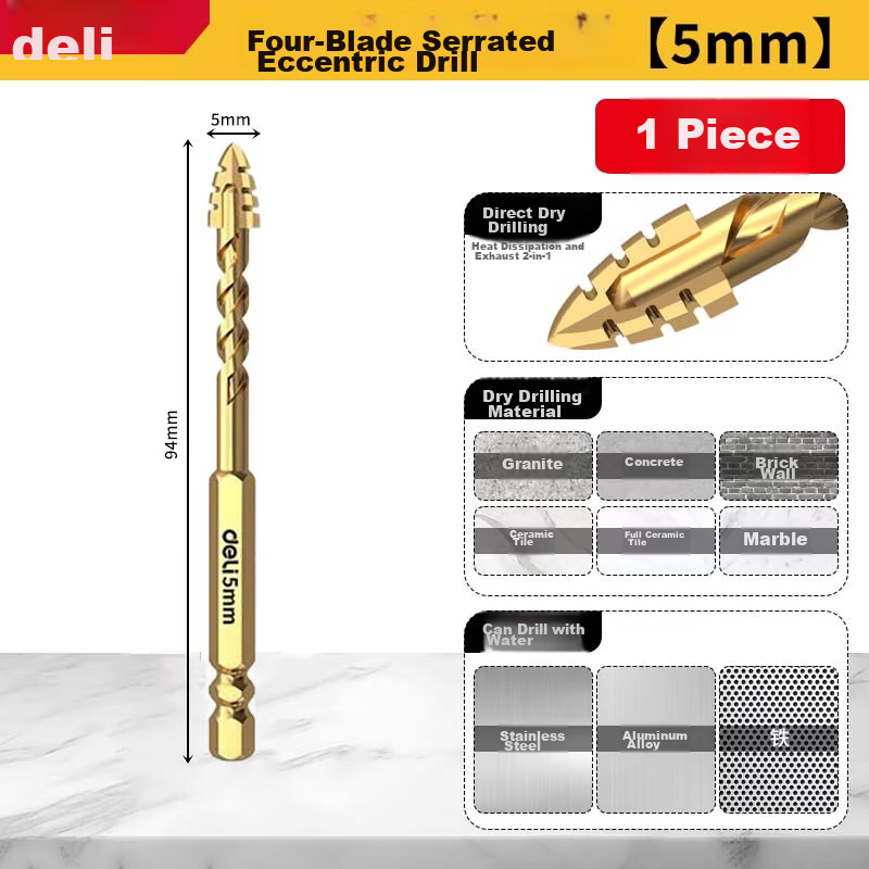 Deli 4-Blade Serrated Eccentric Drill Bit for Tile Drilling High Hardness Dry Wear-Resistant [5mm]