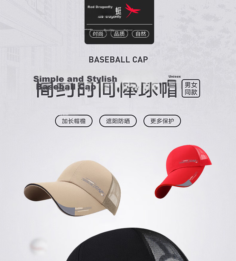 RED DRAGONFLY Men's Summer Outdoor Long Brim Sun Hat Mesh Baseball Cap Fishing Travel Duckbill Sunshade Breathable Sun Hat 1