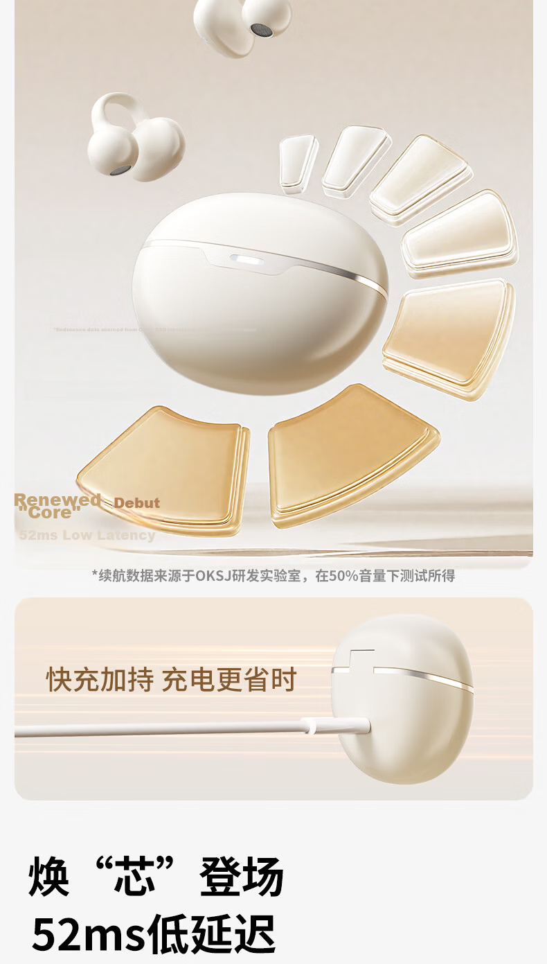 OKSJ 2025 New Bluetooth Clip-On True Wireless Open Bone Conduction Concept Earphones Non-In-Ear Sports Call HiFi Sound Pearl White 12
