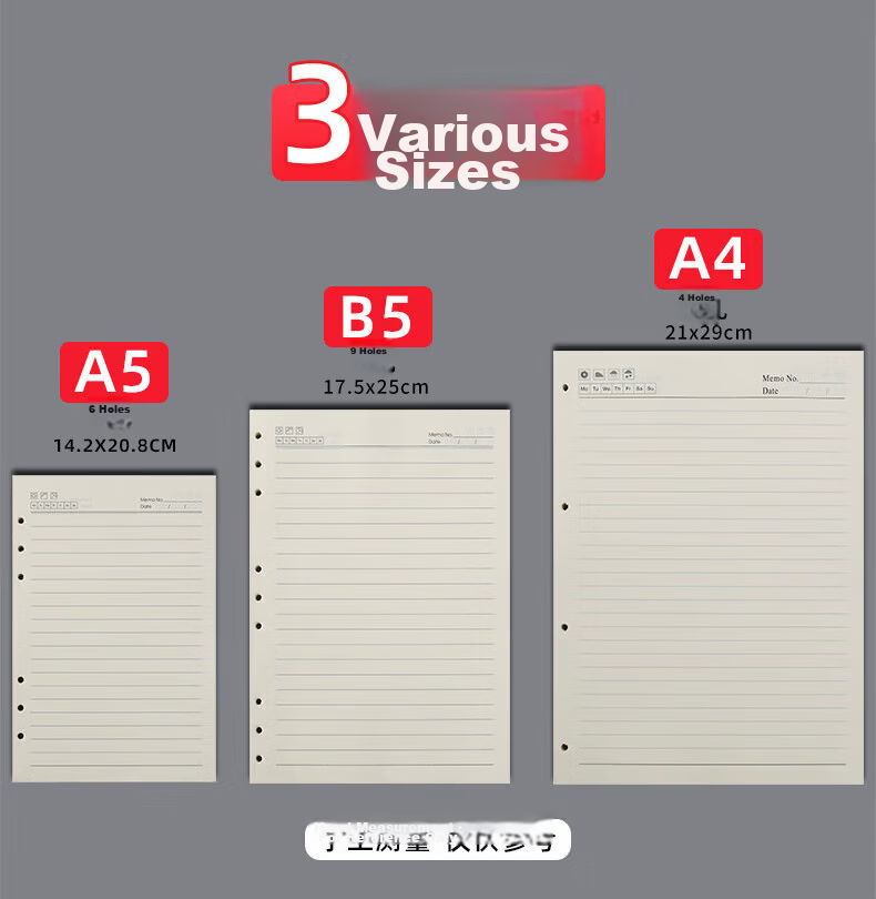 Xuchen Stationery A5 Loose Leaf Paper 6-Hole 100gsm 80 Sheets/160 Pages Refill Notebook Inner Pages Lined Thickened Replacement Core Memo Book 1 Pack Customizable 3