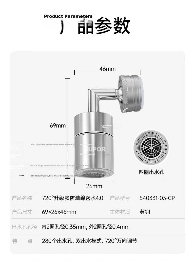 SUPOR 720° Rotatable Faucet Extender Adapter Aerator Filter Splash-Proof Device for Basin Bathroom 16