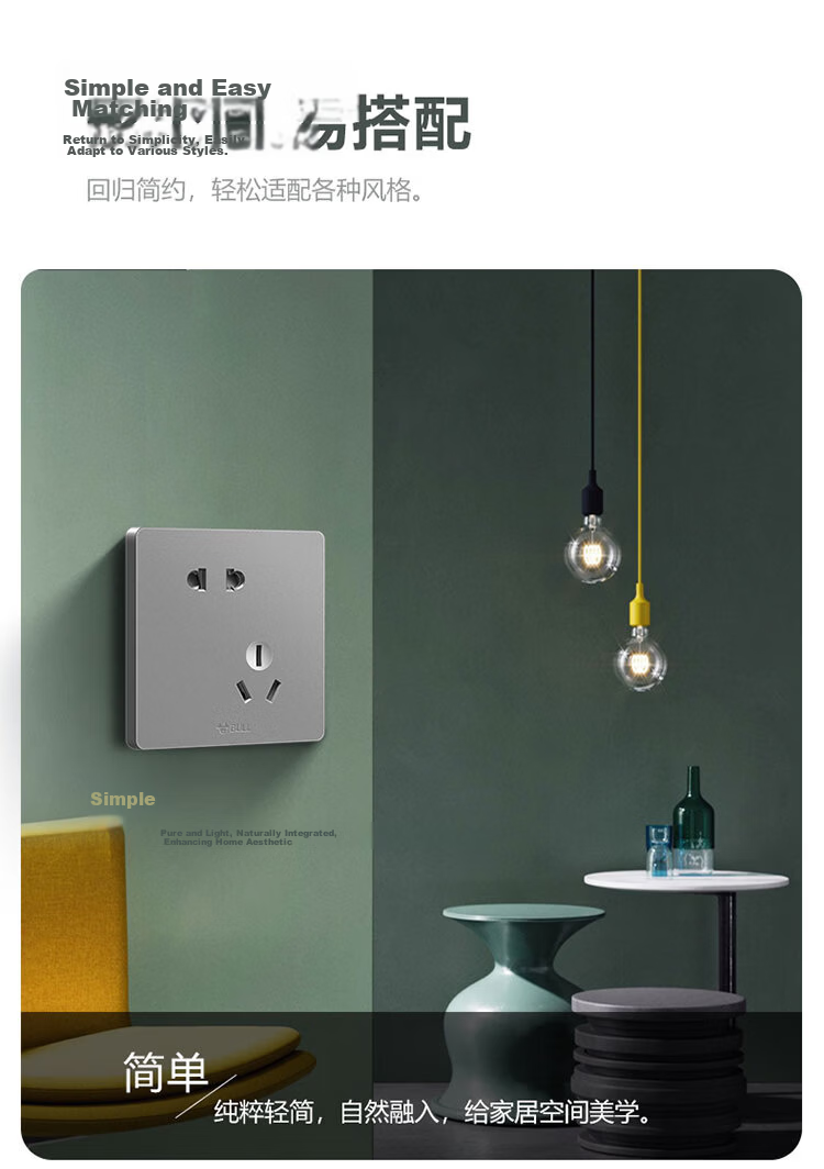 BULL Switch Socket, G12 Series, Single Switch Double Control, Five-Hole with Switch Socket, 86-Type Panel, G12E334S, Space Gray 9
