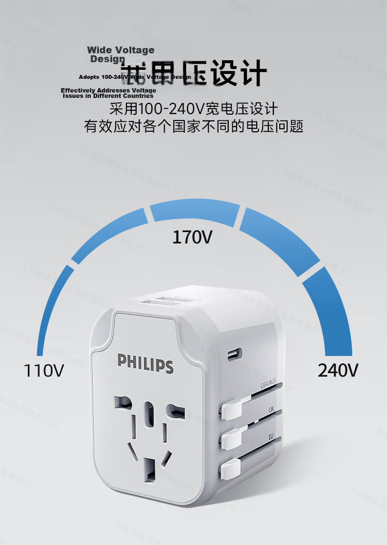 PHILIPS 15W Global Travel Adapter Universal International Converter Socket with USB Dual-Port Single-Side Plug for UK EU US AU DE JP SG HK 6