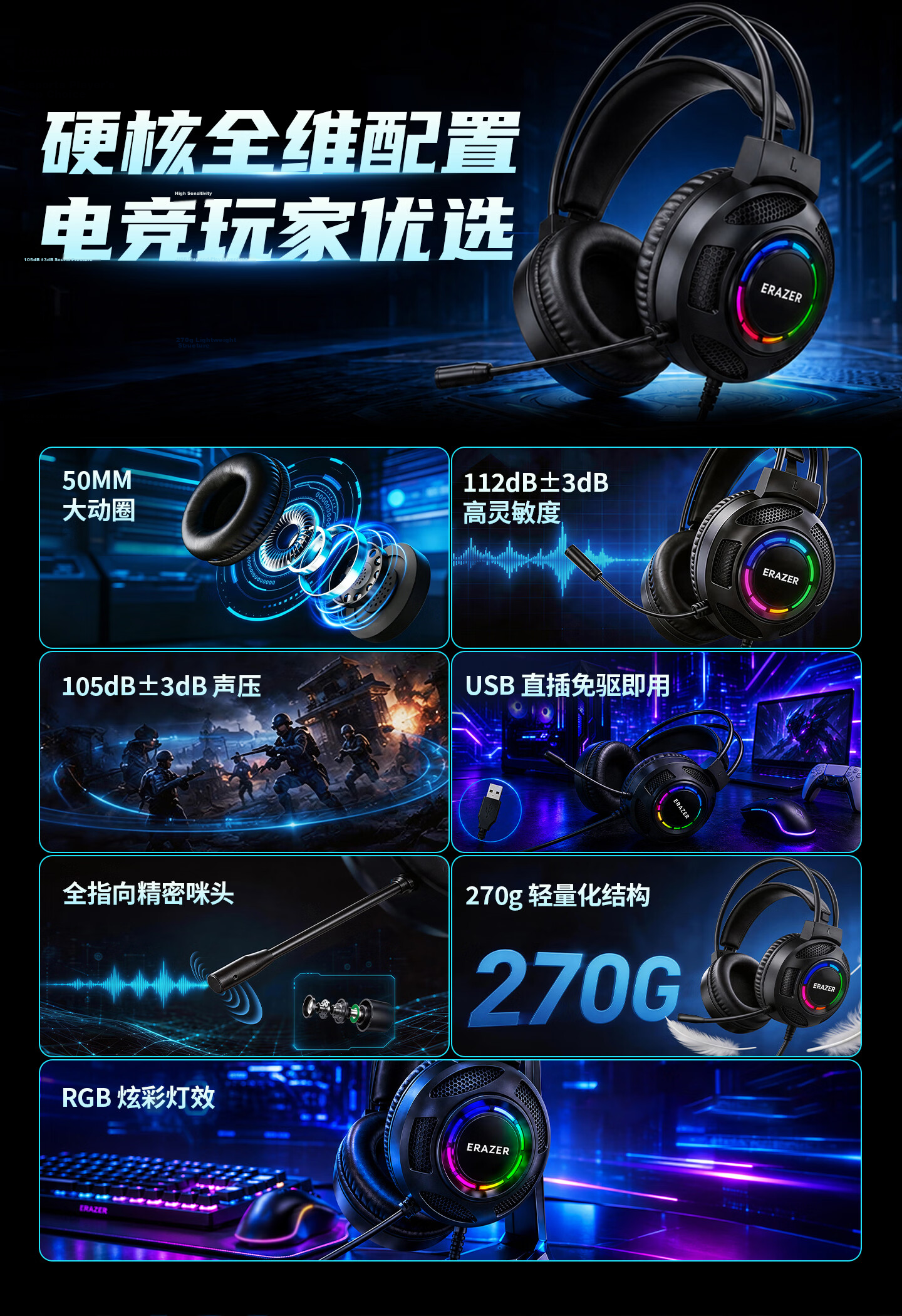 Lenovo Yinen Wired Gaming Headset Ergonomic Design Comfortable RGB Lighting Computer Game Headphones Student Men's Gift 3
