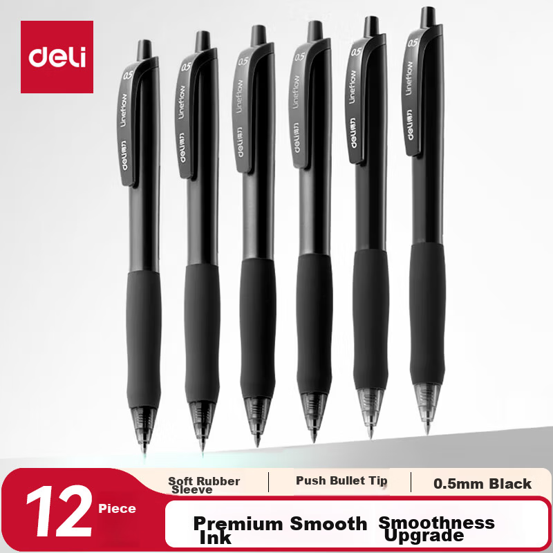 Deli S60 Smooth Click Office Gel Pen 0.5mm Black Bullet Tip 12pcs/Box Exam Use