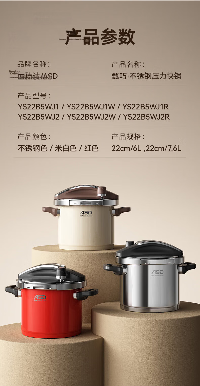 ASD Pressure Cooker 6L Single-Handed Opening 100KPa High Pressure Red YS22B5WJ1R Compatible with Induction Cooker 22