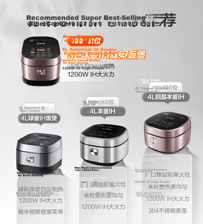 SUPOR Rice Cooker 5L IH Heating Large Capacity 4-5 People Multi-Functional Electric Rice Cooker with Steaming and Cooking, Smart Reservation Micro-Pressure Model 50HC750 2